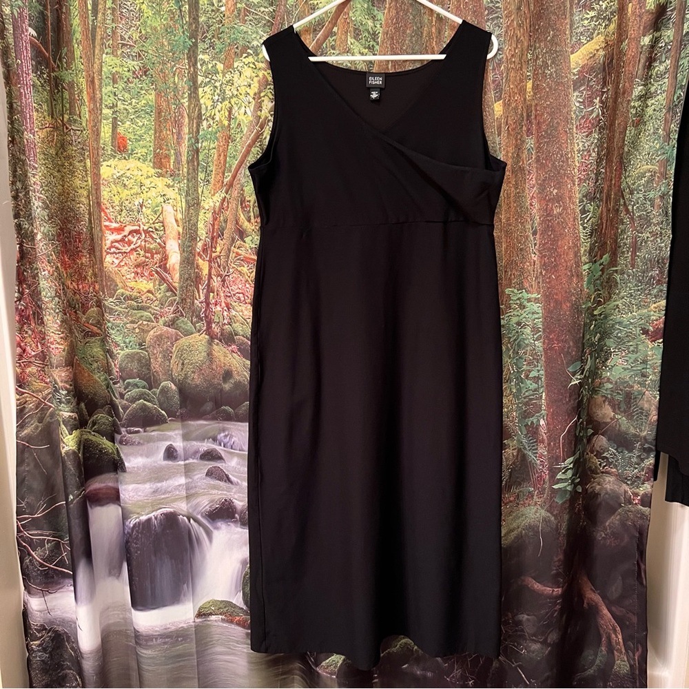 Eileen Fisher Stretch Jersey Knit Tank Dress black v neck wrap design